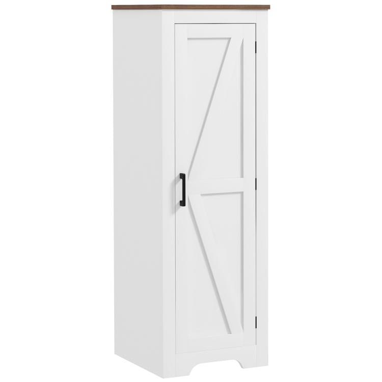 White upright storage cabinet with barn-style door and black handle, front view.