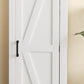 White barn door storage cabinet with black handle, partial door view