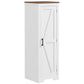White floor cabinet with wood top and paneled barn door, black handle