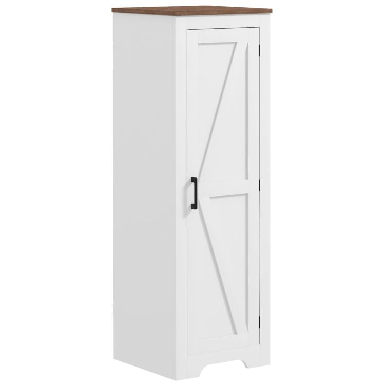 White floor cabinet with wood top and paneled barn door, black handle
