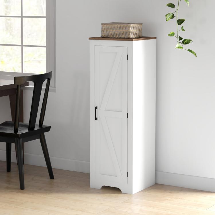 White storage cabinet with barn door and black handle, shown at a side angle.