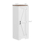 White floor cabinet with barn door and black pull handle, front view with measurements.