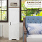 White farmhouse storage cabinet with barn door, black handle, standing floor cabinet.