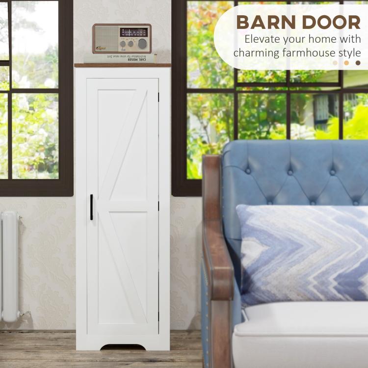 White farmhouse storage cabinet with barn door, black handle, standing floor cabinet.