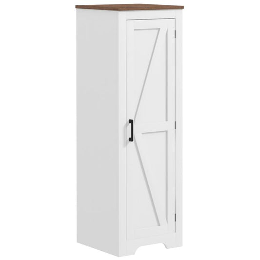 White farmhouse storage cabinet with hinged barn door and black pull handle.