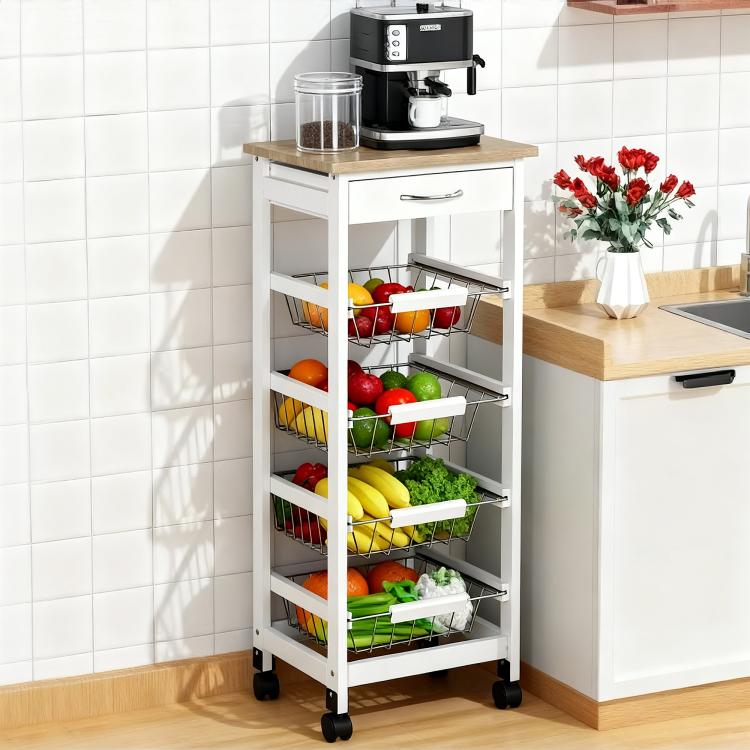 White rolling kitchen cart with wood top, wire baskets, and drawer, on caster wheels