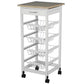 White rolling kitchen island cart with wire shelves, drawer, and wood tabletop on wheels