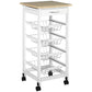 Rolling kitchen island cart in white with wood top, drawer, wire baskets, and caster wheels.