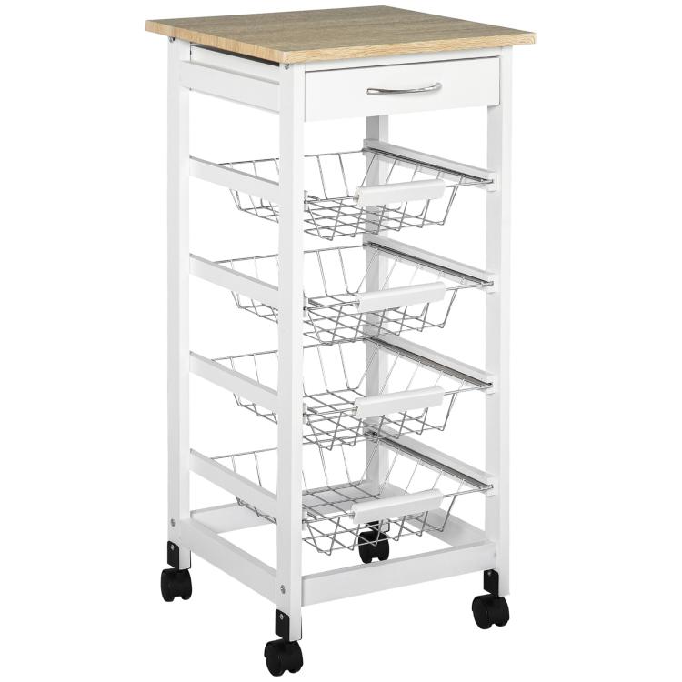 Rolling kitchen island cart in white with wood top, drawer, wire baskets, and caster wheels.