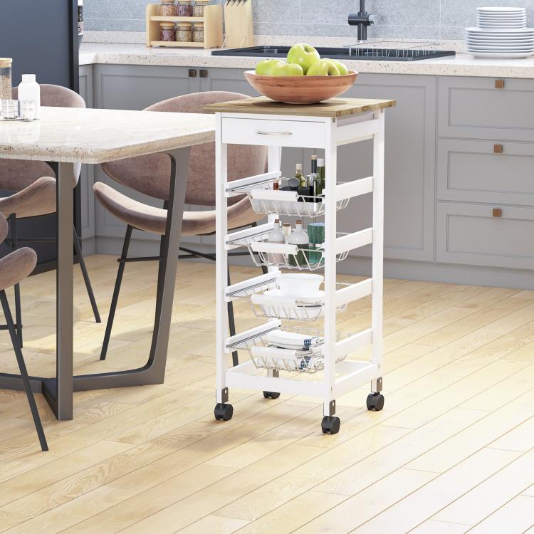 White kitchen cart with wood countertop, wire baskets, and drawer, rolling on four casters
