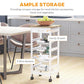 White mobile kitchen cart with wood top, four wire baskets, and handy drawer, on wheels