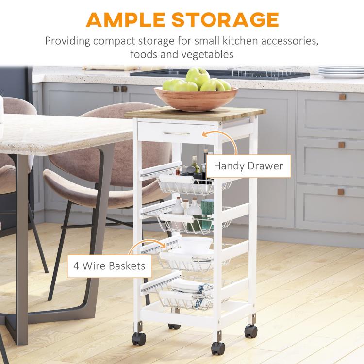 White mobile kitchen cart with wood top, four wire baskets, and handy drawer, on wheels