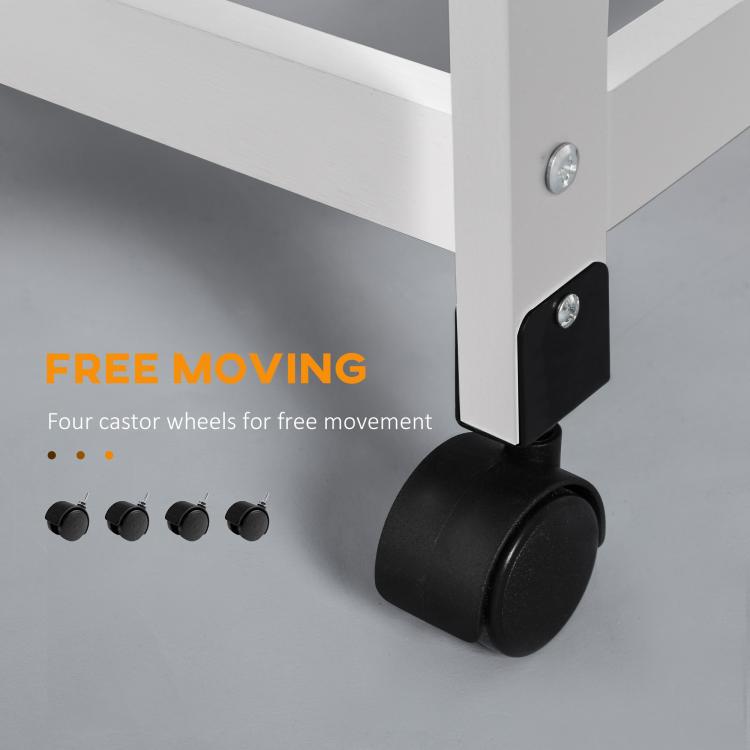 Close-up of caster wheel and corner support on a white rolling kitchen cart