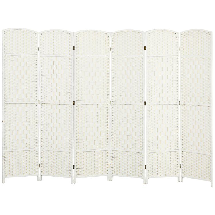 White 6-panel folding privacy divider screen with curved arches and woven panels