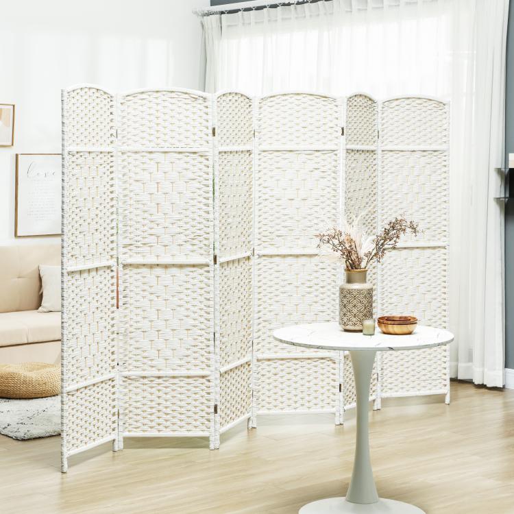 White folding privacy screen with curved woven panels, freestanding