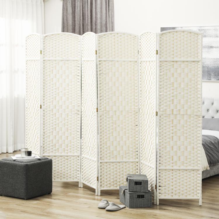 White 6-panel folding privacy screen with curved tops and woven cane texture