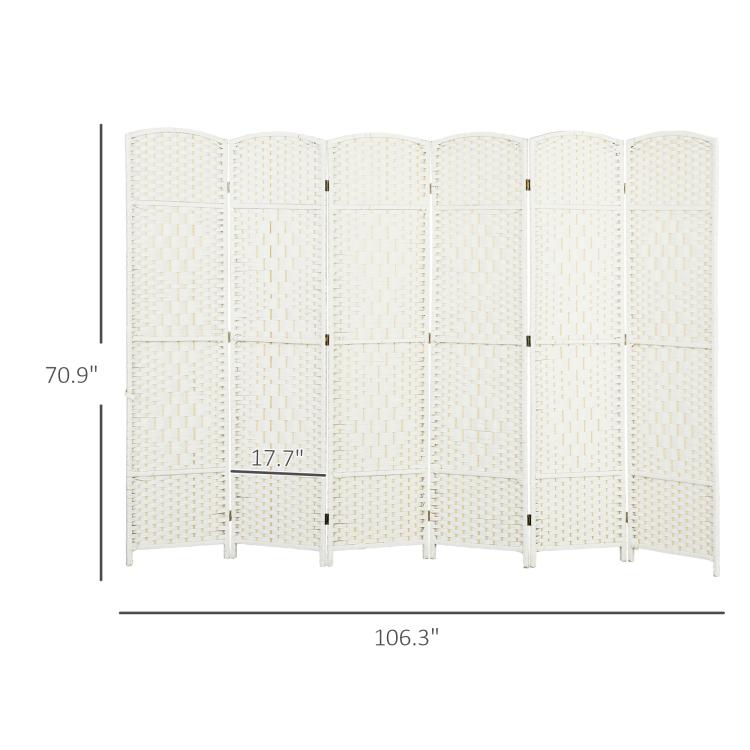 White 6-panel folding divider screen, 70.9 in tall and 106.3 in wide