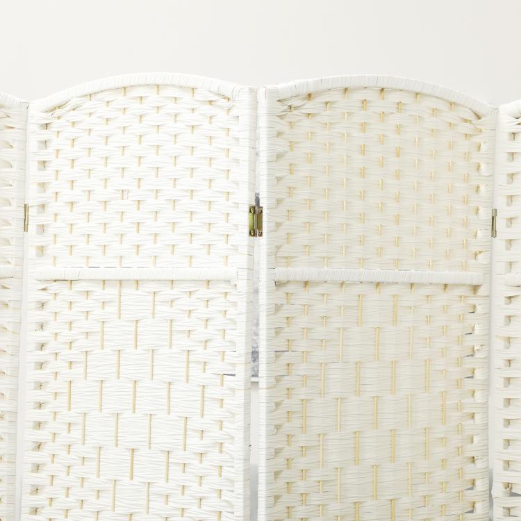 White folding divider screen hinge and woven panel seam, close-up