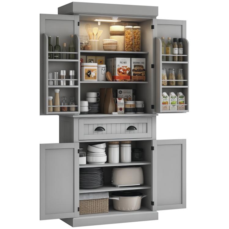 Gray kitchen pantry cabinet with LED-lit shelves, two doors, and a center drawer