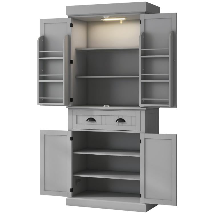 Gray pantry cabinet with open doors, central drawer, and multiple storage shelves
