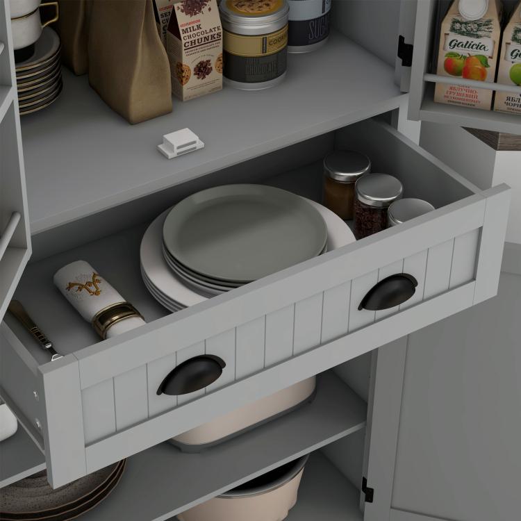 Gray kitchen pantry cabinet with open shelves and drawer, black round pulls