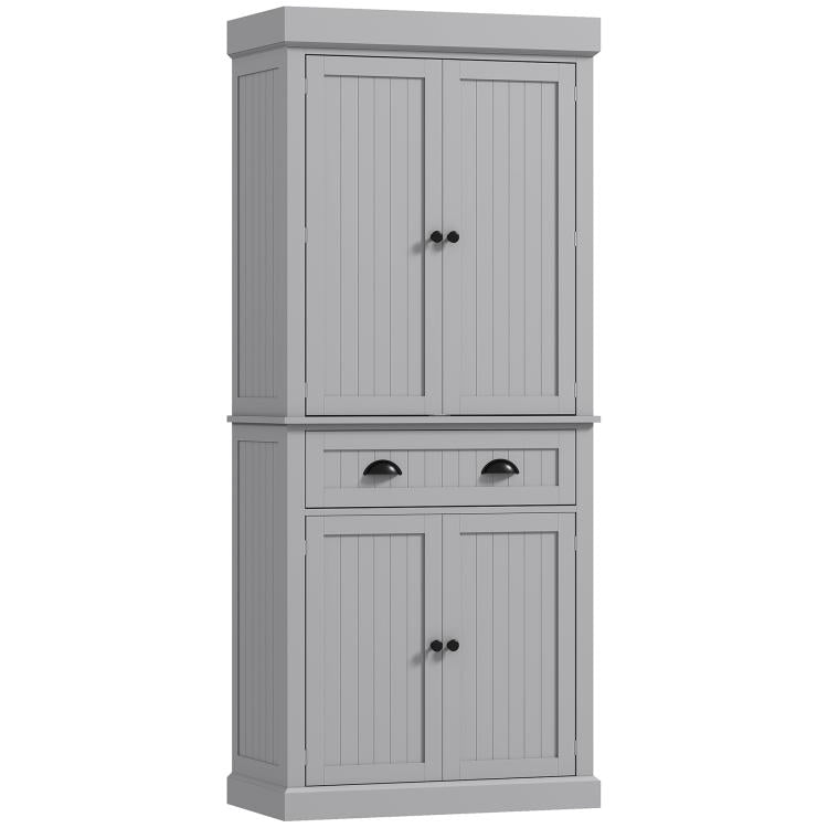 Gray kitchen pantry cabinet front: two top doors, two bottom doors, center drawer