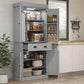 Gray pantry cabinet with open doors, LED interior, lower shelves, and center drawer