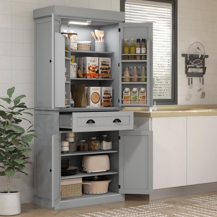 Gray pantry cabinet with open doors, LED interior, lower shelves, and center drawer