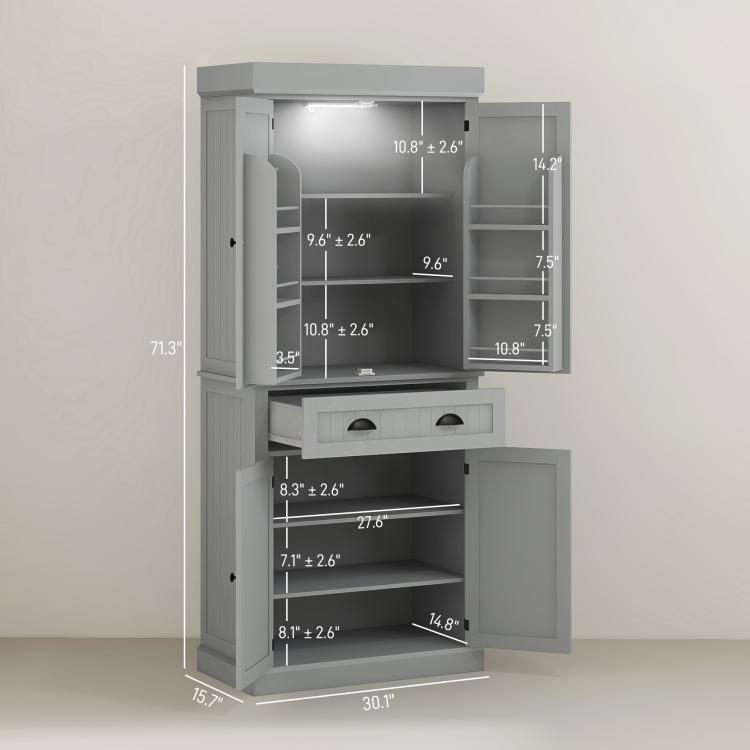 Gray pantry cabinet interior with adjustable shelves and drawer layout dimensions