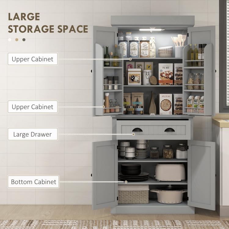 Gray pantry cabinet with LED-lit storage, upper shelves, drawer, and bottom cabinets