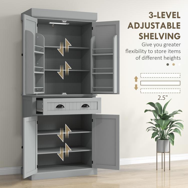 Gray pantry cabinet showing 3-level adjustable shelving with flexible height positions