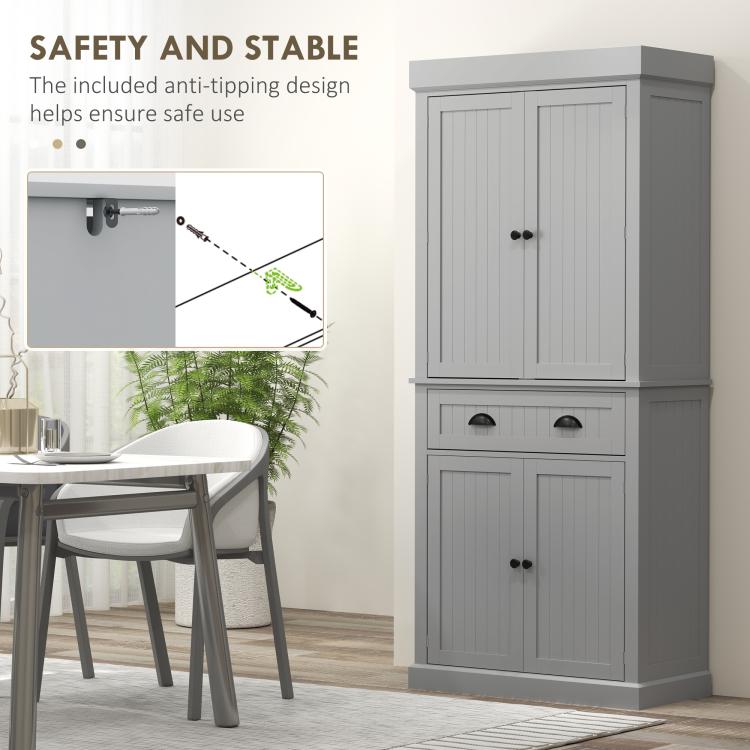 Gray pantry cabinet with anti-tip safety design and two upper doors