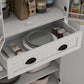 White kitchen pantry cabinet with open shelves and drawer, black round pulls