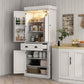 White kitchen pantry cabinet with open doors, interior shelves, and center drawer