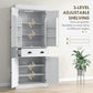 White pantry cabinet with 3-level adjustable shelving and open door compartments