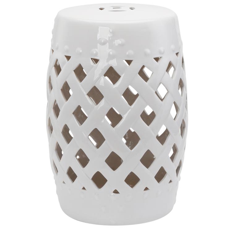 White ceramic garden stool with woven lattice cutouts and a round perforated top.