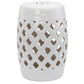 White ceramic garden stool with cutout woven lattice pattern on the sides