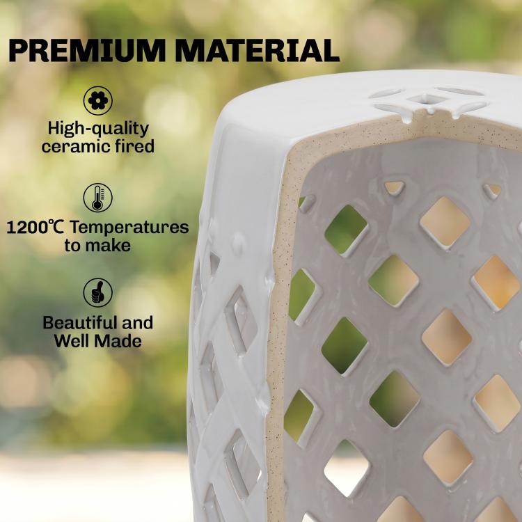 White ceramic stool with glazed lattice cutouts, textured surface, and perforated top.