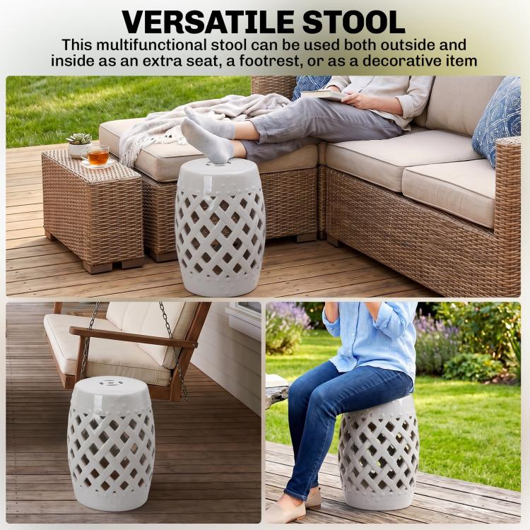 White ceramic lattice garden stool used as extra seating, with round perforated top.