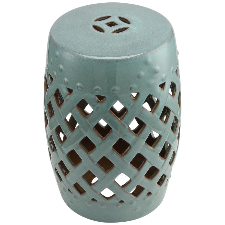 Glazed ceramic garden stool with teal finish and diamond lattice cutouts