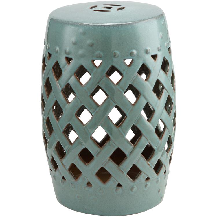 Antique blue ceramic stool with woven lattice pattern and perforated top