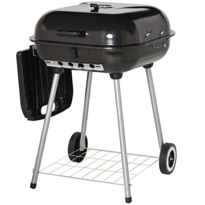 Charcoal barbecue grill with domed lid and side tray, portable wheeled stand