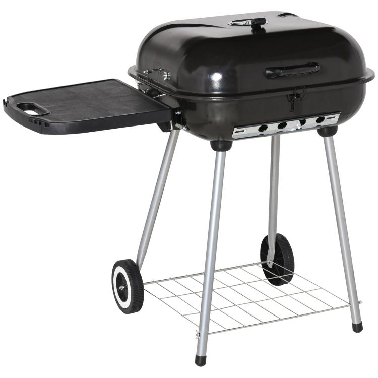 Charcoal barbecue grill with lid, side tray, and wire lower shelf on four legs