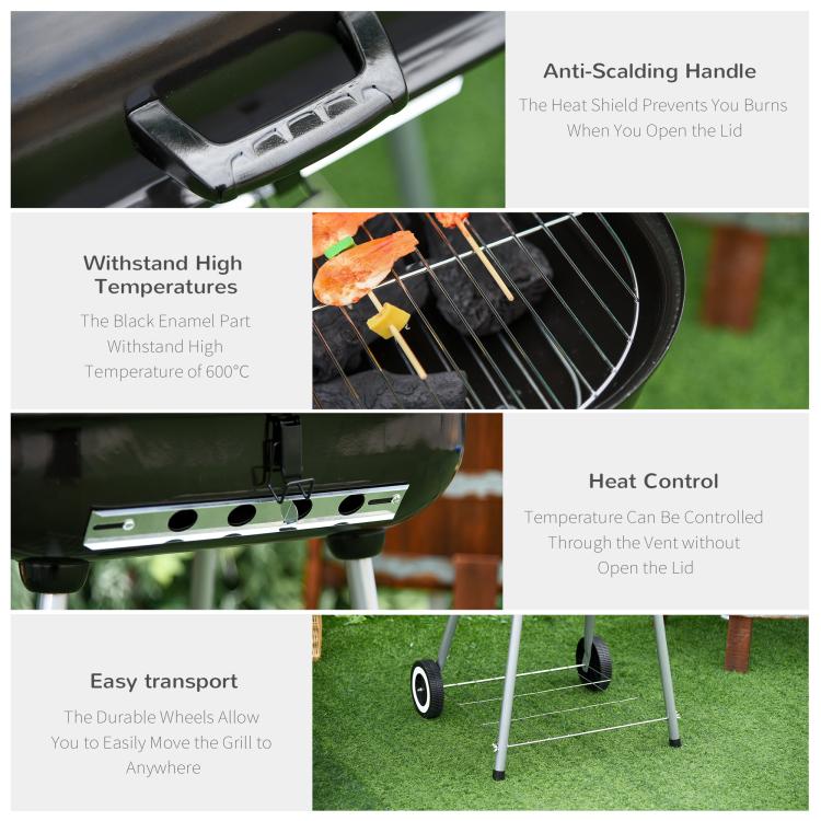 Charcoal barbecue grill lid handle and control knobs with vented heat shield