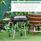 Charcoal barbecue grill with domed lid and side shelf on wheeled stand