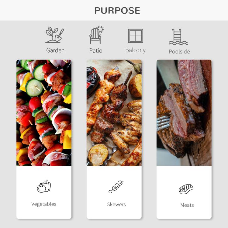 Charcoal barbecue grill purpose icons for vegetables, skewers, and meats