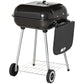 Charcoal barbecue grill with domed lid and side storage tray, wheeled stand