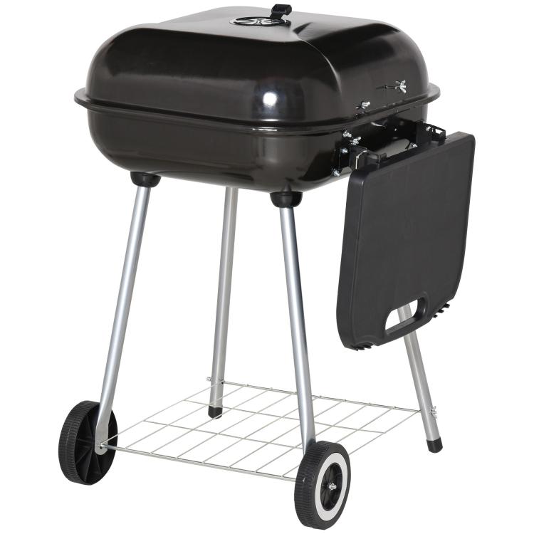 Charcoal barbecue grill with domed lid and side storage tray, wheeled stand