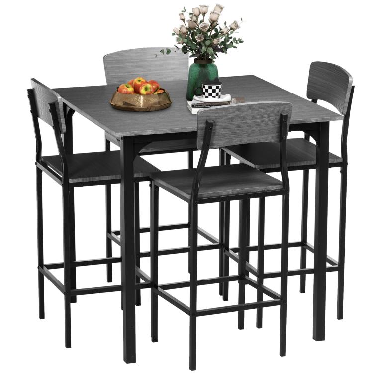 Gray square counter-height bar table with 4 matching stools and footrest