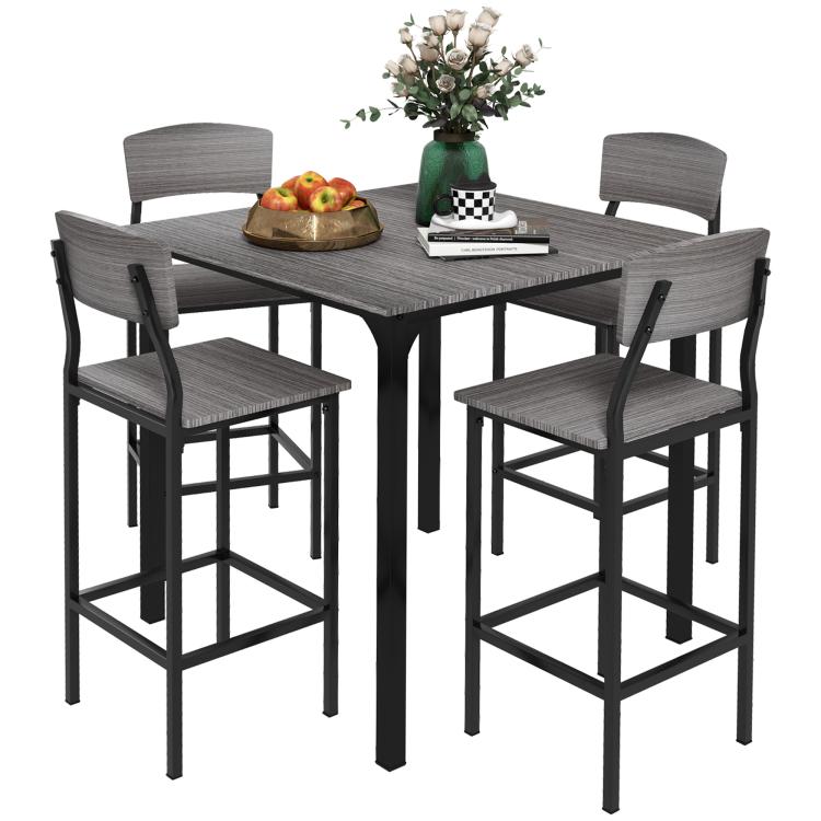 Gray counter-height square dining table with 4 armless stools and metal footrests